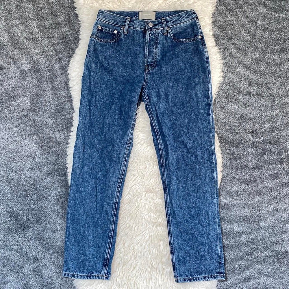 EVERLANE 90'S CHEEKY BLUE DENIM CROP JEAN BUTTON FLY HIGH RISE STRAIGHT LEG
